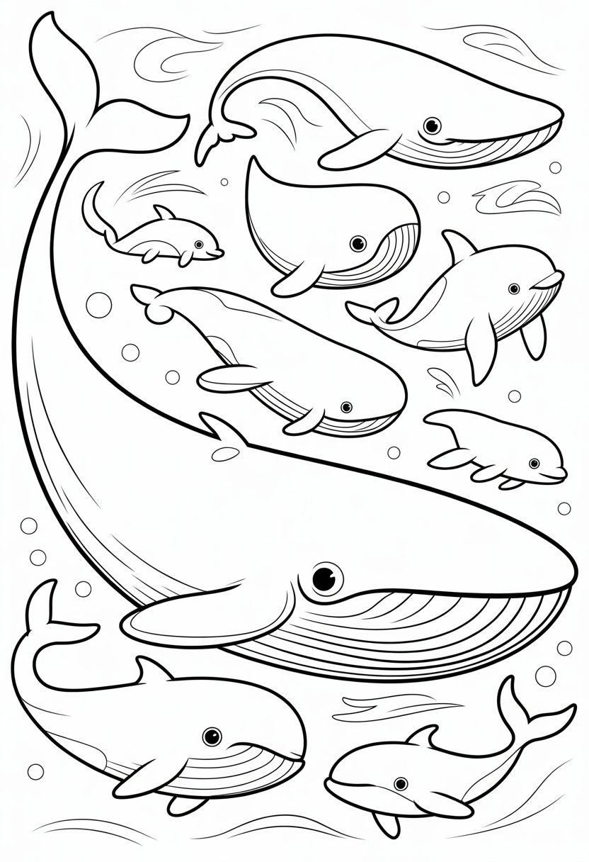 Blue Whale Coloring Pages: 11 Detailed Designs for All Ages 10 A giant blue whale swimming next to several smaller whales and dolphins in the ocean.